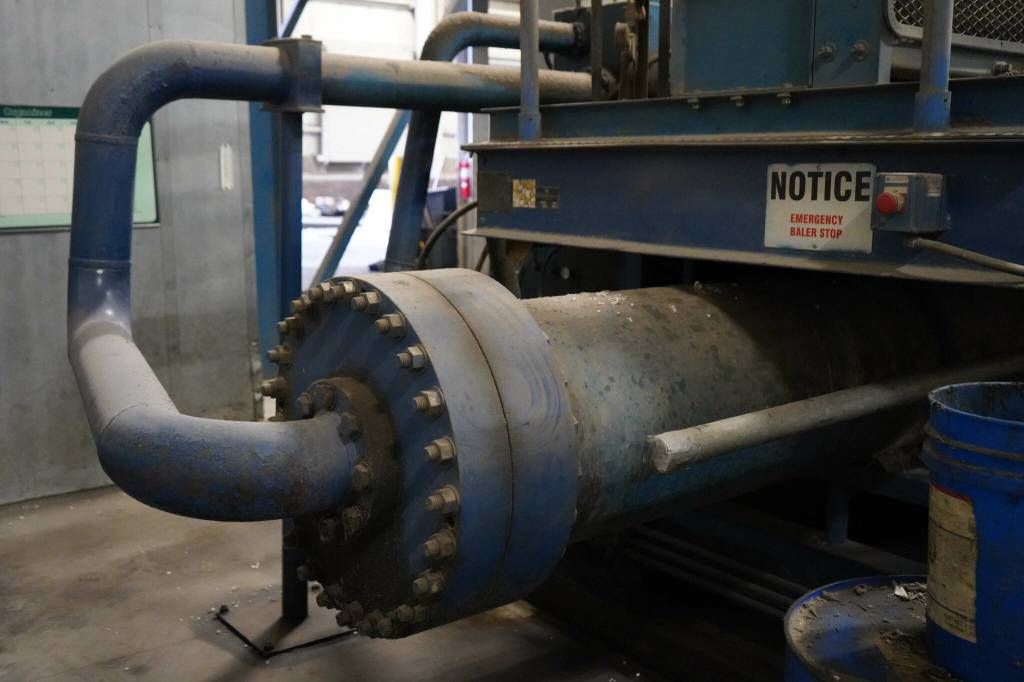 A disconnected baler ram has bent piping and caused other damage at the Central Peninsula Landfill in Soldotna, Alaska, on Thursday, Jan. 16, 2025. (Jake Dye/Peninsula Clarion)