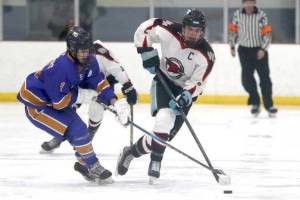 Homer's Zane Barth tries to poke the puck away from Houston's Daniel Matveev during an 8-2 loss to the Hawks Friday, Jan. 17, 2024, at the Menard Arena in Wasilla, Alaska. (Bruce Eggleston/matsusports.net)