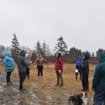 Community members gather around the owners of a missing colt as they prepare to search areas around the Homer bluff on Tuesday, Jan. 21, 2025. (Chloe Pleznac/Homer News)