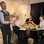 (from left to right) Curtis Jackson as Peter Shaw, Deb Rowzee as Williamina Flemming, Regi Johanos as Henrietta Leavitt and Jenna Gerrety as Annie Cannon rehearse at Homer Council on the Arts for Pier One Theatres upcoming production of Silent Sky in Homer, Alaska. Photo provided by Pier One Theatre
