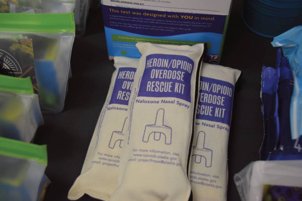Free naloxone is offered by several providers at the annual Community Resource Connect event at the SPARC in Homer, Alaska on Tuesday, Jan. 28, 2025. (Chloe Pleznac/Homer News)