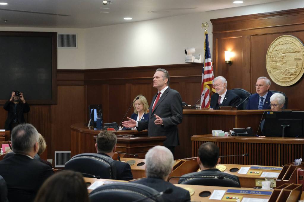 Gov. Mike Dunleavy delivers his State of the State speech Tuesday, Jan. 28, 2025, at the Alaska State Capitol. (Klas Stolpe/Juneau Empire)