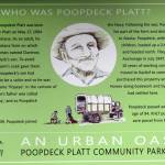 This sign, containing two minor factual errors, honors Clarence Hiram Poopdeck Platt and stands at the beginning of the Poopdeck Platt Community Park Trail, which begins near the Kachemak Heritage Land Trust office, Poopdecks former home.