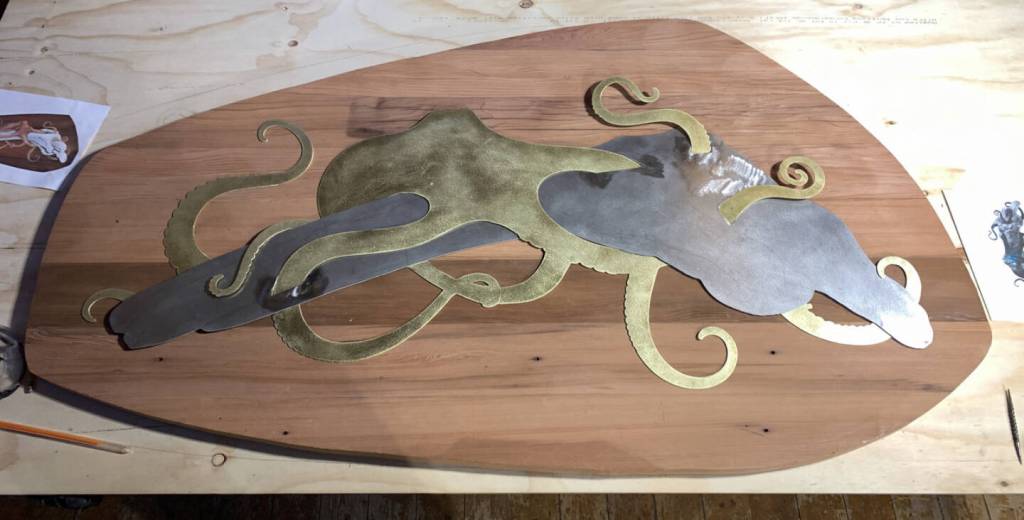 Salvage Rights, a 5.5-foot wide wall piece in brass, stainless steel and reclaimed redwood, is a work in progress by Jeff Dean that can be viewed at The Dean Gallery. Photo provided by Jeff Dean