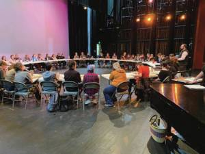Homer High School choral program students gather onstage at the Mariner Theater for the first reading of this years musical, Singin in the Rain, on Tuesday, Jan, 28. (Photo courtesy of Homer High School Choral Program)