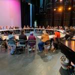 Homer High School choral program students gather onstage at the Mariner Theater for the first reading of this years musical, Singin in the Rain, on Tuesday, Jan, 28, 2025. (Photo courtesy of Homer High School Choral Program)