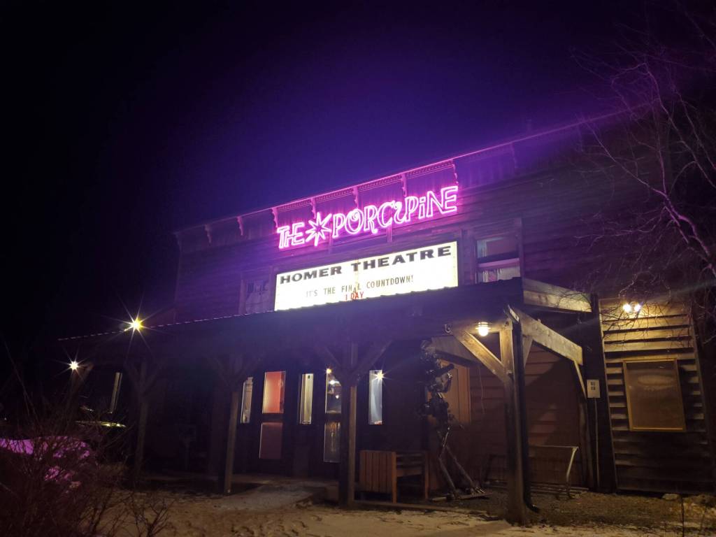 The Porcupine Theaters new sign lights up the night on Friday, Jan. 31, 2025, in Homer, Alaska. (Delcenia Cosman/Homer News)