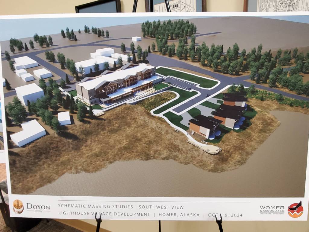 A schematic rendering of the southwest view of Doyon, Limiteds revised Lighthouse Village redevelopment design is on display during a special Planning Commission meeting on Wednesday, Oct. 16, 2024, in the Homer City Hall Cowles Council Chambers in Homer, Alaska. (Delcenia Cosman/Homer News)