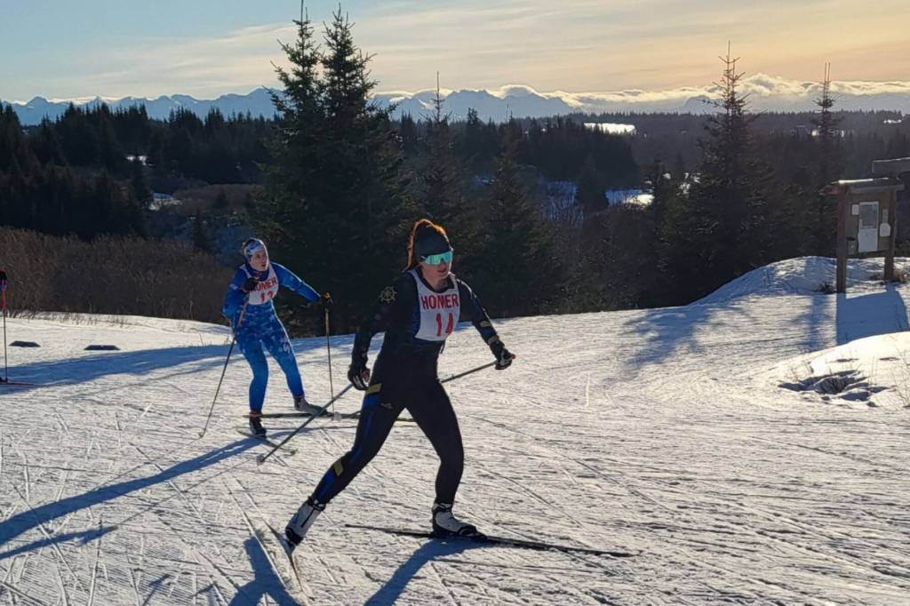 Homers Cassidy Carroll skates at the Lookout Mountain XCS Trails on Ohlson Mountain on Saturday, Feb. 8, 2025, in Homer, Alaska. Carroll earned an 11th-place finish in the freestyle and 14th place in the classic skate over the weekend. (Photo courtesy of Jessie Goodrich)