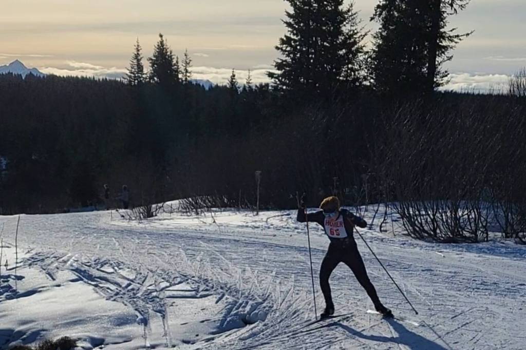 Homers Jody Goodrich skates towards his 5th place overall finish on Saturday, Feb. 8, 2025 at the Lookout Mountain XCS Trails on Ohlson Mountain. (Photo courtesy of Jessie Goodrich)