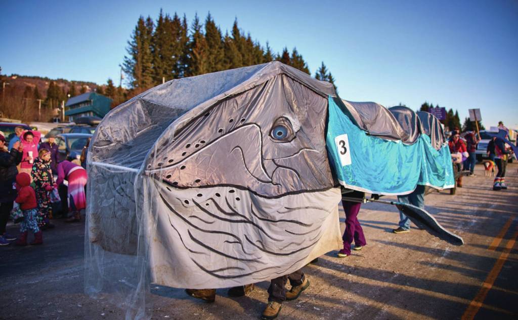 Harmony the humpback whale, mascot for the Kachemak Bay Campus Student Association, proceeds down Pioneer Avenue in the annual Winter Carnival Parade on Saturday, Feb. 8<ins>, 2025, in Homer, Alaska</ins>. (Photo courtesy of Christopher Kincaid)