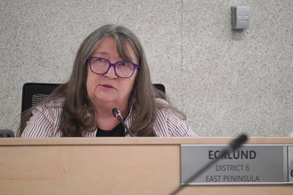 Cindy Ecklund speaks during a meeting of the Kenai Peninsula Borough Assembly in Soldotna, Alaska, on Tuesday, Feb. 4, 2025. (Jake Dye/Peninsula Clarion)