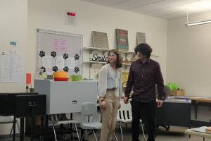 Homer High School DDF students Kayla Kalafut and Raiden Skorski-ODonnell perform their duet acting piece in November at South High School in Anchorage. (Photo courtesy of the Homer High School DDF program)