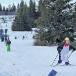 A penguin wearing a golden top hat leads the pack on Sunday, Feb. 9 during the annual Ski for Women fundraiser at the Lookout Mountain XCS Trails on Ohlson Mountain. (Chloe Pleznac/Homer News)