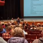 Kenai Peninsula Borough School District Finance Director Elizabeth Hayes takes questions during the Homer budget development meeting on Tuesday, Feb. 11 in the Mariner Theatre at Homer High School in Homer, Alaska. (Chloe Pleznac/Homer News)