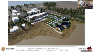 A schematic presented to the Homer City Council on Monday, Feb. 10, 2025, shows Doyon, Limiteds planned development at Lighthouse Village, including a pedestrian pathway with two wildlife viewing platforms connecting B Street to the intersection of Kachemak Drive and Homer Spit Road. Screenshot.