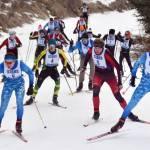Soldotnas Michael Davidson and Ollie Dahl lead the varsity pack up the hill in the 4-kilometer boys race at the Kenai Peninsula Borough meet Saturday, February 15, 2025, at Tsalteshi Trails just outside of Soldotna, Alaska. (Photo by Jeff Helminiak/Peninsula Clarion)