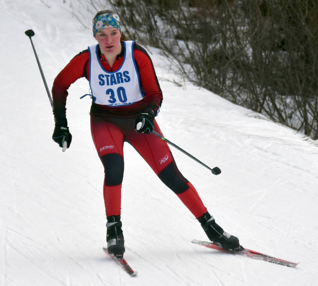 Kenai Centrals Isla Crouse competes in the 4-kilometer girls race at the Kenai Peninsula Borough meet Saturday, February 15, 2025, at Tsalteshi Trails just outside of Soldotna, Alaska. (Photo by Jeff Helminiak/Peninsula Clarion)