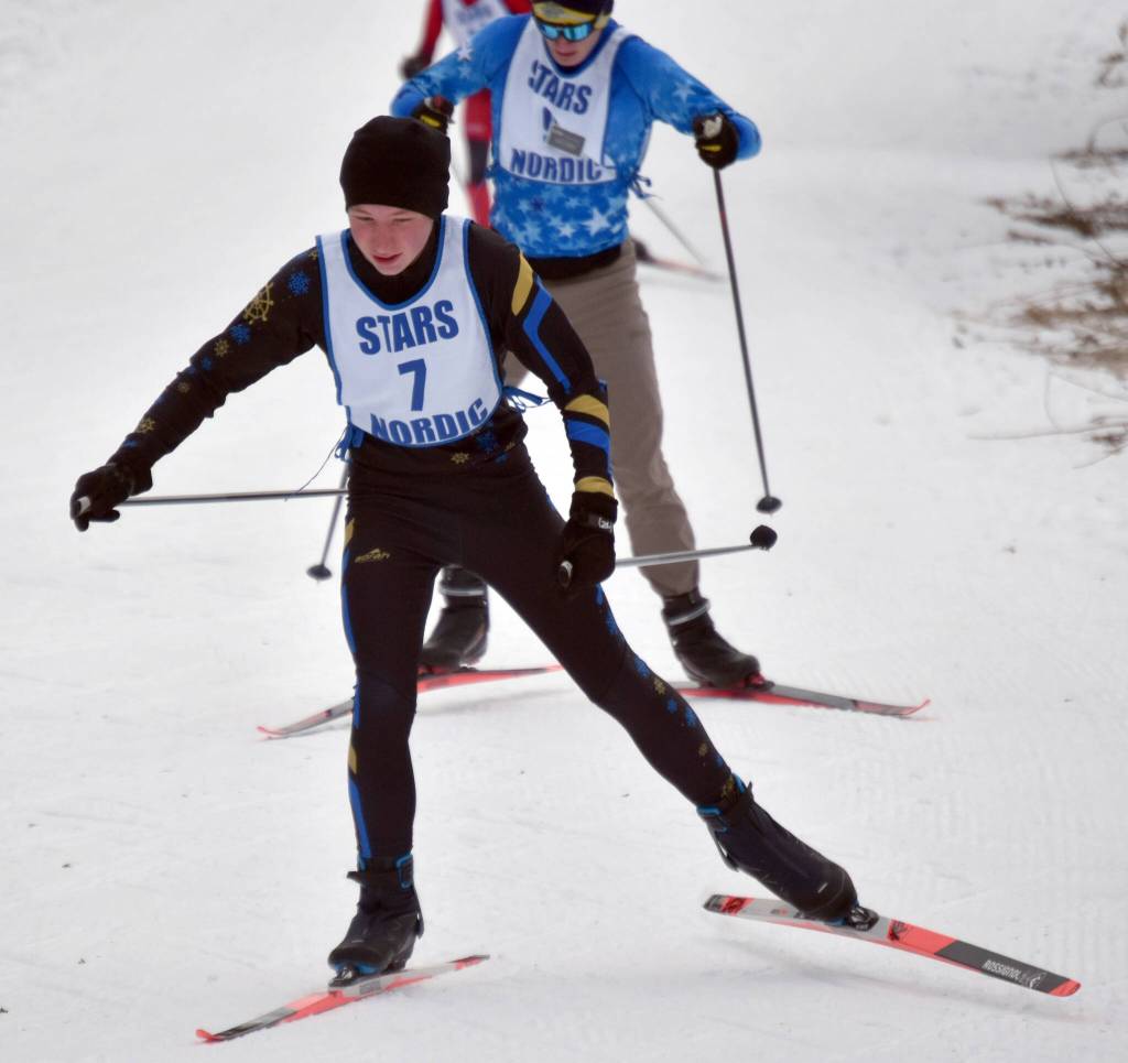 Homers Charlie Rustand competes in the 4-kilometer boys race at the Kenai Peninsula Borough meet Saturday, February 15, 2025, at Tsalteshi Trails just outside of Soldotna, Alaska. (Photo by Jeff Helminiak/Peninsula Clarion)