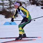 Sewards Indigo Leslie approaches the finish of the 4-kilometer girls race at the Kenai Peninsula Borough meet Saturday, February 15, 2025, at Tsalteshi Trails just outside of Soldotna, Alaska. (Photo by Jeff Helminiak/Peninsula Clarion)