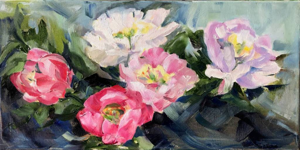 Riot of Peonies is an oil painting by Diane Spence-Chorman, shown alongside 12 other original paintings through March in the Homer Public Librarys Fireplace Lounge in Homer, Alaska. Photo provided by Diane Spence Chorman