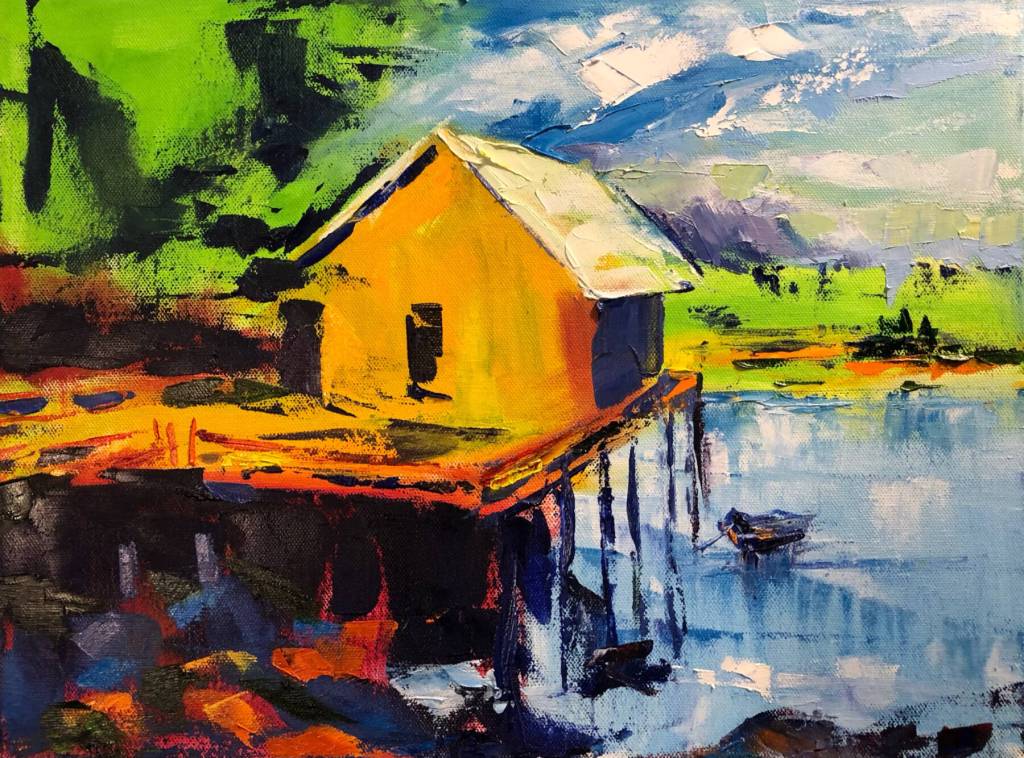 Cove Light, an oil painting by Diane Spence-Chorman featuring a cabin in Halibut Cove, is on display in her exhibit through March in the Homer Public Librarys Fireplace Lounge in Homer, Alaska. Photo provided by Diane Spence-Chorman