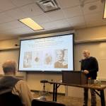 Writer Tom Kizzia shares his latest story with community members during his presentation on Thursday, Feb. 20 at Kachemak Bay Campus in Homer, Alaska. (Chloe Pleznac/Homer News)