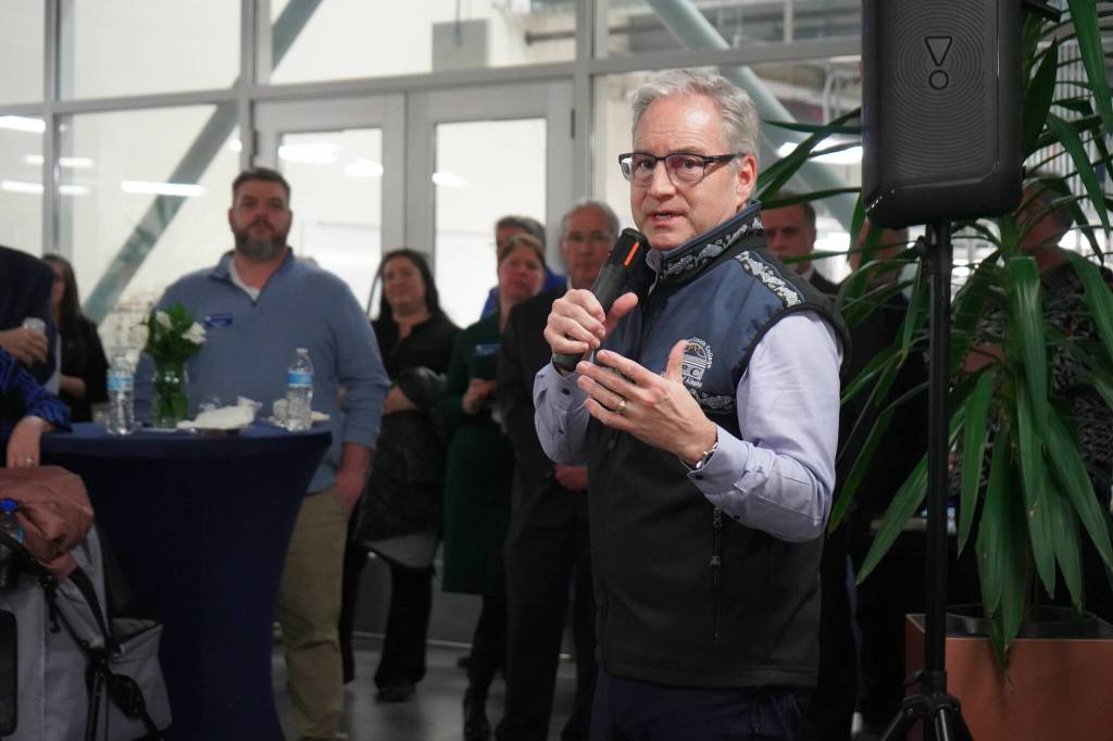 University of Alaska Anchorage Chancellor Sean Parnell speaks at a showcase of Kenai Peninsula Colleges career and technical education programs in the colleges Career and Technical Center in Soldotna, Alaska, on Thursday, Feb. 20, 2025. (Jake Dye/Peninsula Clarion)