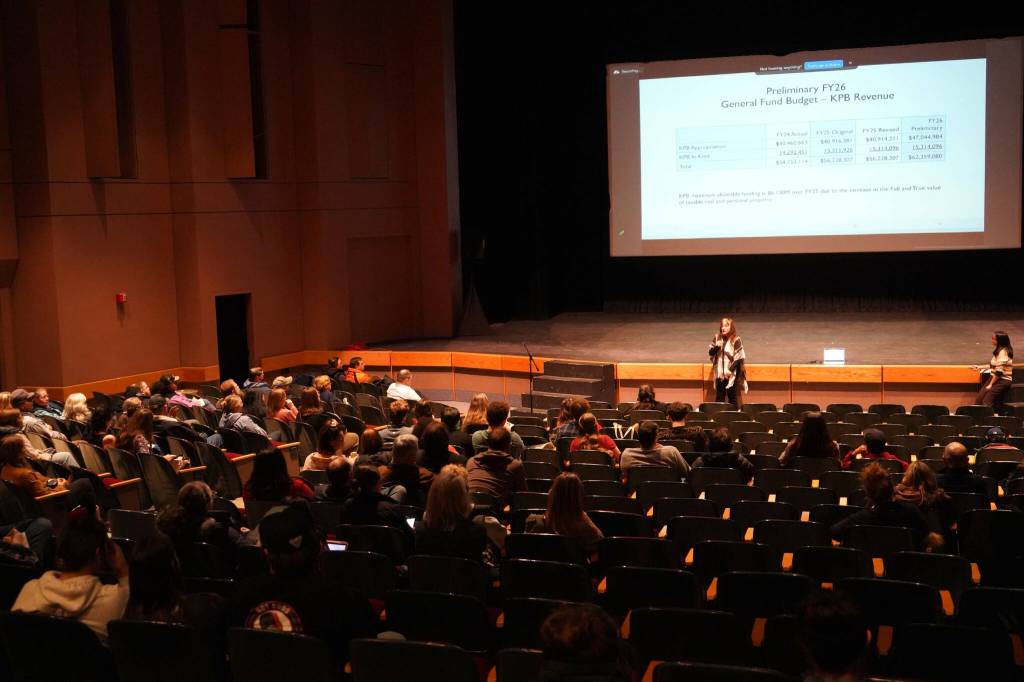 Finance Director Liz Hayes speaks during a Kenai Peninsula Borough School District budget development meeting at Kenai Central High School in Kenai, Alaska, on Wednesday, Feb. 19, 2025. (Jake Dye/Peninsula Clarion)