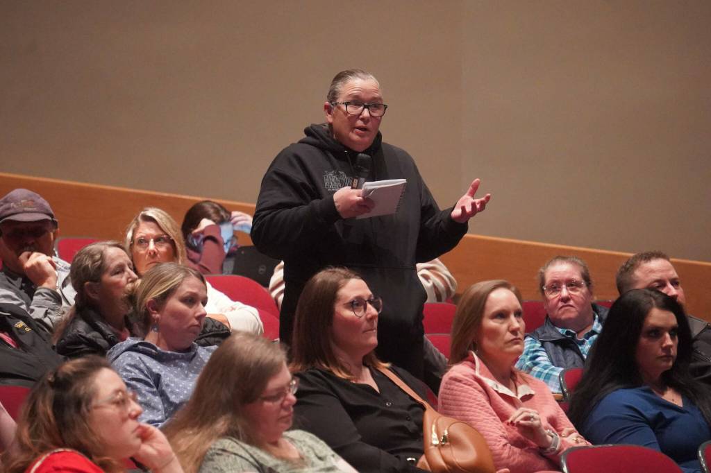 Jeanne Reveal asks a question during a Kenai Peninsula Borough School District budget development meeting at Kenai Central High School in Kenai, Alaska, on Wednesday, Feb. 19, 2025. (Jake Dye/Peninsula Clarion)
