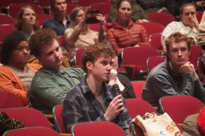 Soldotna High School student Ethan Anding asks a question during a Kenai Peninsula Borough School District budget development meeting at Kenai Central High School in Kenai, Alaska, on Wednesday, Feb. 19, 2025. (Jake Dye/Peninsula Clarion)