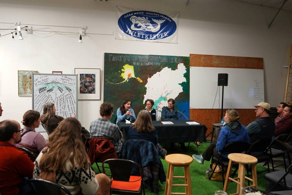 Syverine Bentz, coastal training program coordinator for the Kachemak Bay Research Reserve, speaks during a Local Solutions meeting focused on salmon at the Cook Inletkeeper Community Action Studio in Soldotna, Alaska, on Monday, Feb. 10, 2025. (Jake Dye/Peninsula Clarion)