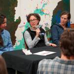 Katherine Schake, manager of the Kachemak Bay Research Reserve, speaks during a Local Solutions meeting focused on salmon at the Cook Inletkeeper Community Action Studio in Soldotna, Alaska, on Monday, Feb. 10, 2025. (Jake Dye/Peninsula Clarion)