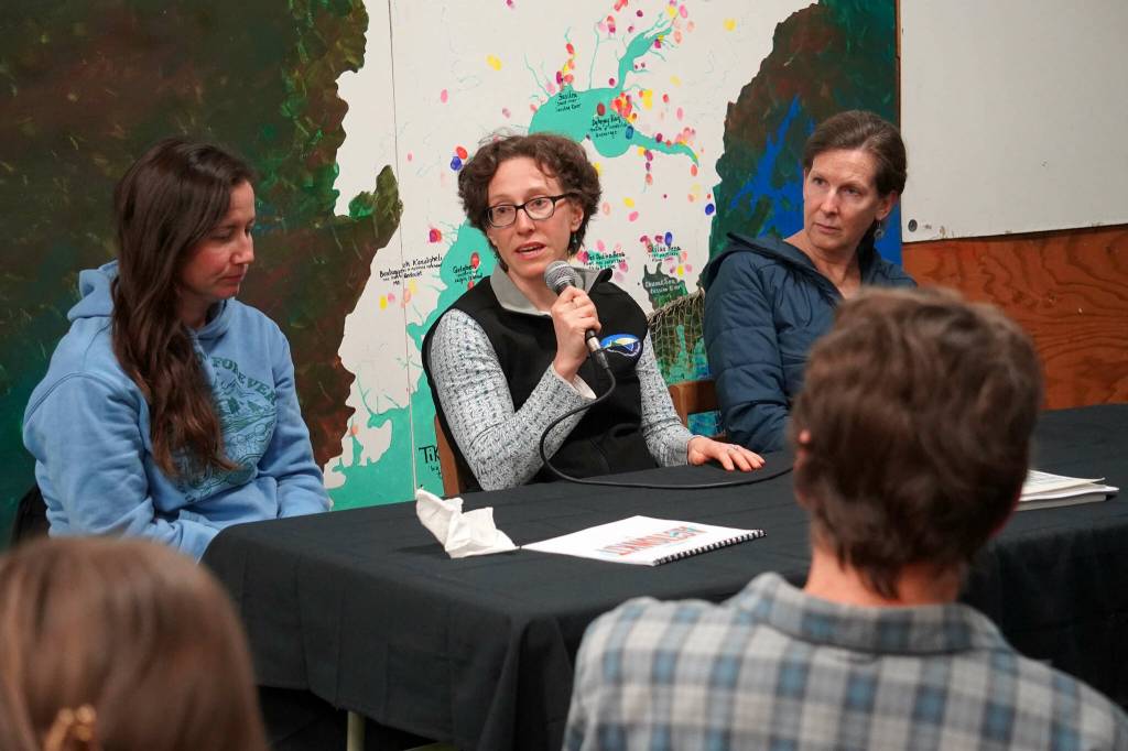 Katherine Schake, manager of the Kachemak Bay Research Reserve, speaks during a Local Solutions meeting focused on salmon at the Cook Inletkeeper Community Action Studio in Soldotna, Alaska, on Monday, Feb. 10, 2025. (Jake Dye/Peninsula Clarion)