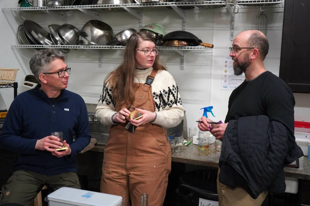 Groups brainstorm possible projects during a Local Solutions meeting focused on salmon at the Cook Inletkeeper Community Action Studio in Soldotna, Alaska, on Monday, Feb. 10, 2025. (Jake Dye/Peninsula Clarion)