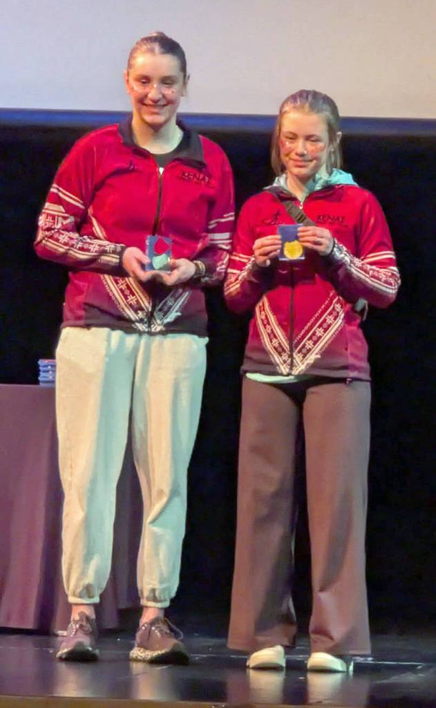 For Division II skiers, Kenai Centrals Ruby Davis (right) was first and Kenai Centrals Isla Crouse was second in the freestyle race at the state Nordic ski championships Friday, February 21, 2025, at Birch Hill in Fairbanks, Alaska. (Photo provided)