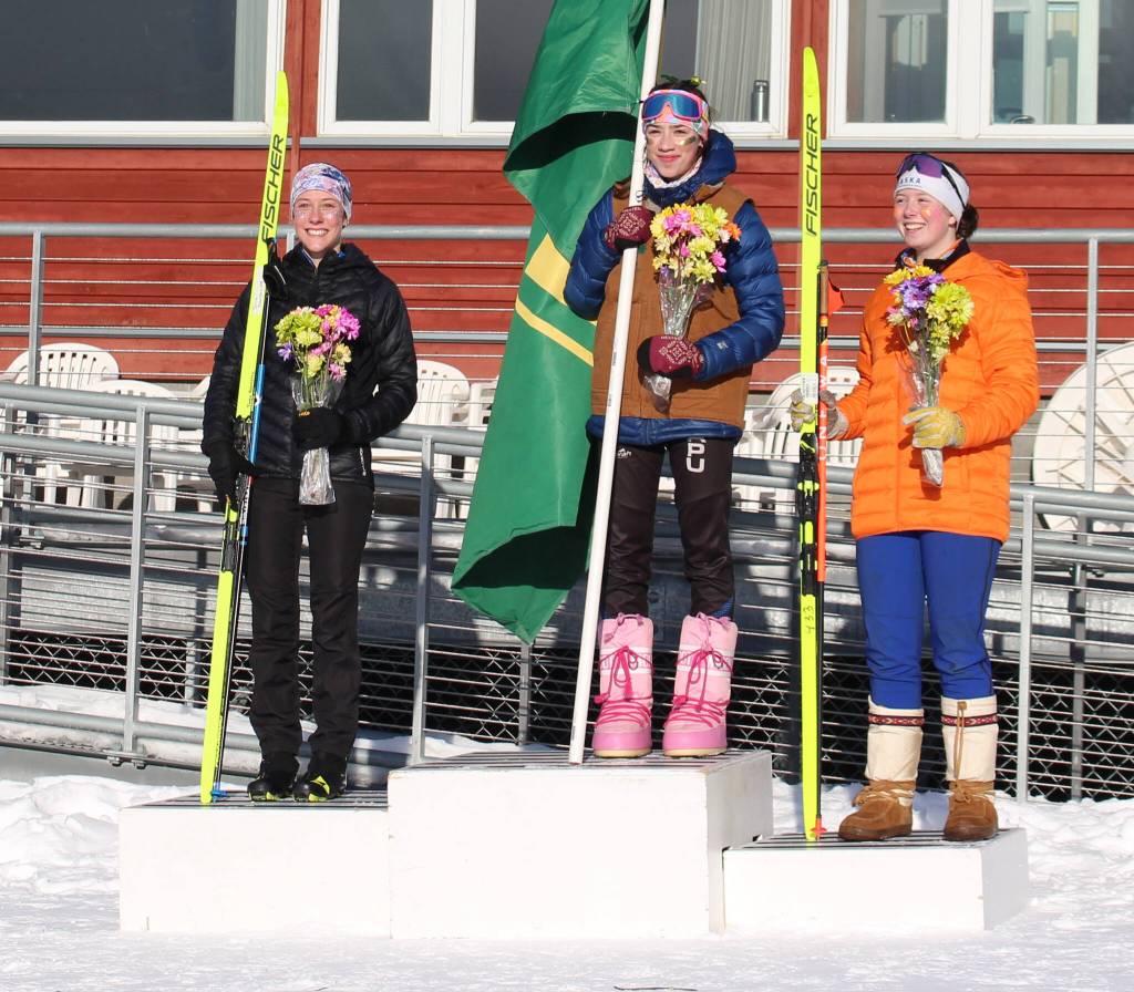 Soldotna junior Tania Boonstra (far left) took second in the girls 5-kilometer classic interval start Thursday, Feb. 20, 2025, at the state Nordic ski championships at Birch Hill in Fairbanks, Alaska. (Photo courtesy of Chip Abolafia)
