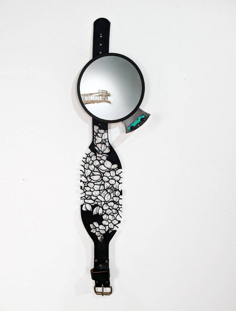 Mirror2 is a mixed media piece by Sean Derry in his exhibit, From Always Until Now, free-standing assemblages from a homesteadng cabin, on display through March 2025 at Bunnell Street Arts Center in Homer, Alaska. Photo provided by Bunnell Street Arts Center