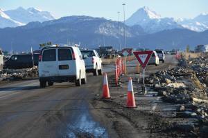 Cars yield to oncoming traffic before commuting south on the single open lane of Homer Spit Road on Monday, Nov. 18, 2024, following significant erosion damage to the highway that occurred on Saturday in Homer, Alaska. (Delcenia Cosman/Homer News)
Cars yield to oncoming traffic before commuting south on the single open lane of Homer Spit Road on Monday, Nov. 18, 2024, following significant erosion damage to the highway that occurred on Saturday in Homer, Alaska. (Delcenia Cosman/Homer News)
