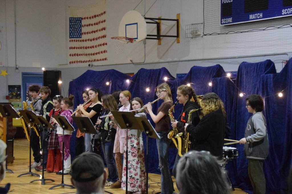 Chapman School students in 5th through 8th grade perform Eagle Summit March during the Cabin Fever Variety Show on Thursday, Feb. 27, 2025, in the Chapman School gym as part of the 2025 Snow Rondi in Anchor Point, Alaska. (Delcenia Cosman/Homer News)