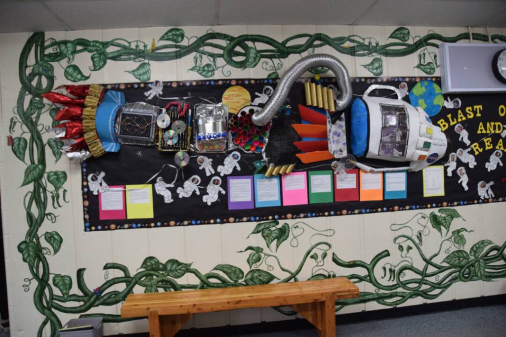 The spaceship students helped build with their cumulative reading minutes during their Read-a-Thon hangs on display at Paul Banks Elementary School on Feb. 28, 2025. (Chloe Pleznac/Homer News)