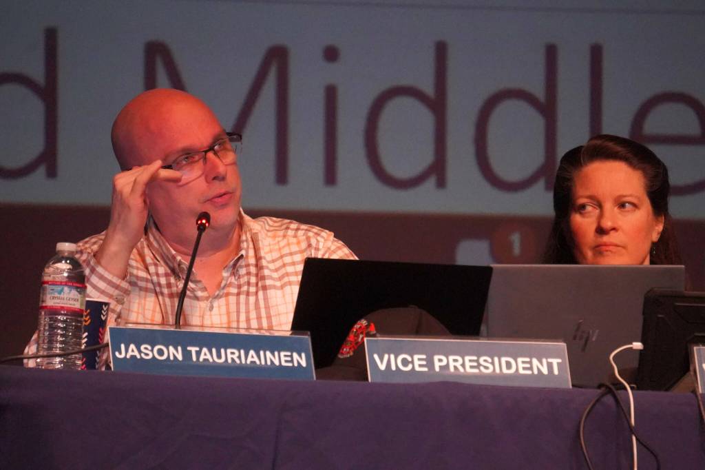 Jason Tauriainen speaks during a meeting of the Kenai Peninsula Borough School Districts Board of Education in Homer, Alaska, on Monday, March 3, 2025. (Jake Dye/Peninsula Clarion)