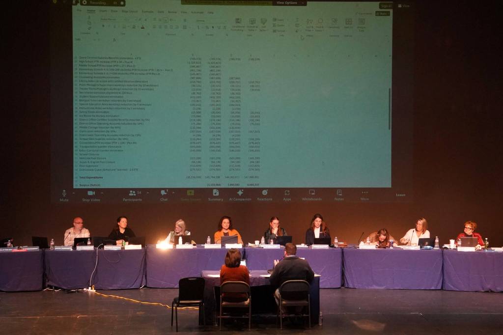 A draft of three budget scenarios that would implement deep cuts is considered during a meeting of the Kenai Peninsula Borough School Districts Board of Education in Homer, Alaska, on Monday, March 3, 2025. (Jake Dye/Peninsula Clarion)