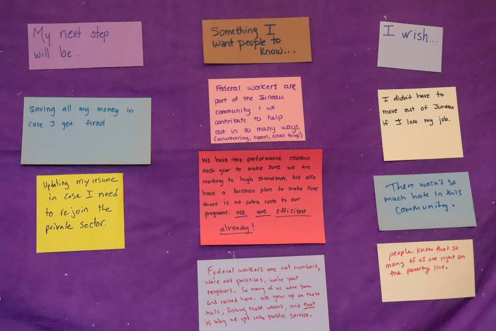 A comment wall gives federal employees a space to share their thoughts on Saturday, March 8, 2025. (Jasz Garrett / Juneau Empire)