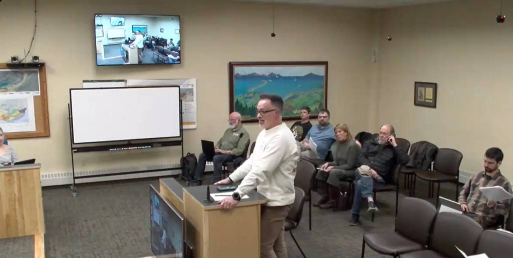 Jim Anderson, vice president of the Homer Chamber of Commerce board of directors, speaks during a public hearing at the Homer City Council meeting on Monday, March 10, 2025, in the Homer City Hall Cowles Council Chambers in Homer, Alaska. Screenshot.