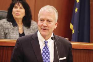 U.S. Sen. Dan Sullivan addresses members of the Alaska Legislature in the House chambers on Wednesday, Feb. 21, 2024, in Juneau, Alaska. (Mark Sabbatini/Juneau Empire)