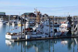 The Naushon sits in the Homer Harbor during its decommissioning ceremony on Friday, March 21, 2025, on Freight Dock Road on the Homer Spit in Homer, Alaska. (Chloe Pleznac/Homer News)