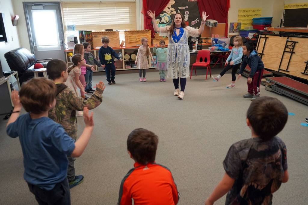 Delana Green teaches music to kindergartners at Tustumena Elementary School in Kasilof, Alaska, on Friday, March 21, 2025. (Jake Dye/Peninsula Clarion)