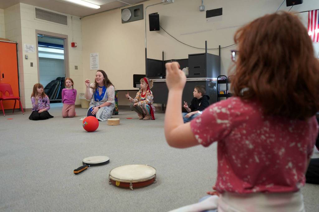 Second graders participate in a music lesson led by Delana Green at Tustumena Elementary School in Kasilof, Alaska, on Friday, March 21, 2025. (Jake Dye/Peninsula Clarion)
