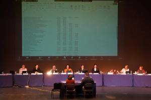 A draft of three budget scenarios that would implement deep cuts is considered during a meeting of the Kenai Peninsula Borough School Districts Board of Education in Homer, Alaska, on Monday, March 3, 2025. (Jake Dye/Peninsula Clarion)
